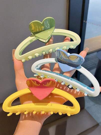 3pcs/Set 12cm/4.92in Cute Candy Color Green/Yellow/Blue Heart Hollow Hair Clips, High-Quality Elegant Minimalist Versatile Ombre Hair Accessories, Contrast Color Hair Clips, New Pearl Hair Clips, Suitable For Daily, Casual, Party, Beach, Vacation, Hairstyling, Face/Hair Washing, Makeup, Outfit Accessories, Spring/Summer/Autumn/Winter