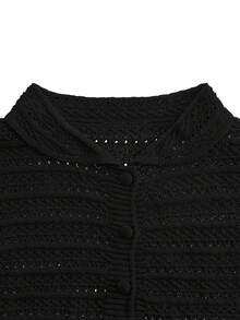 女款 Polo 領純色單排扣口袋鏤空短袖針織開襟衫 + 鬆緊腰短褲，休閒針織短褲套裝 夏季 - 黑色 - 查看 8