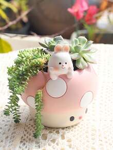 Süßer Pilz-Blumentopf mit Tierfigur, Sukkulenten-Topf für Zimmerpflanzen, Kawaii Raumdekoration für Schreibtisch, Regal, Badezimmer, Büro, Boho Wohnaccessoire, Geschenk für Pflanzenfans, Frauen, Frühlingsgarten Dekoration, ästhetische Schlafzimmer- & Kinderzimmer-Dekoration - A - Übersicht 4