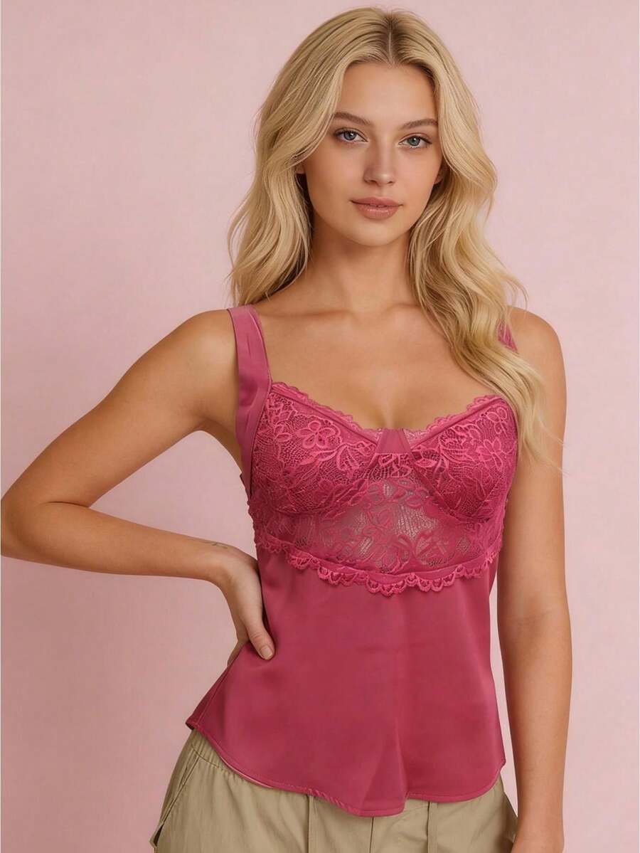 Women's Lace Patchwork Tank Tops Summer Fashionable V Neck Ruffle Hem Going Out Vest - Hot Pink - View 1