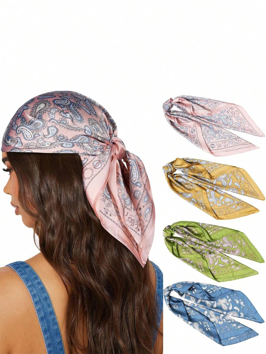 4pcs Satin Headscarf Headwrap Sleeping Headband - 27.5 Inch Satin Square Headscarf For Women - Multicolor - View 1