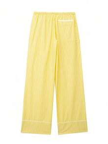 DEEKA Women's Spring/Summer New Arrival Dropped Shoulder Long Sleeve Single-Breasted Striped Loose Shirt, European & American Style French Design Fashionable Versatile Striped Wide-Leg Pants Suit - Yellow Stripes - View 7