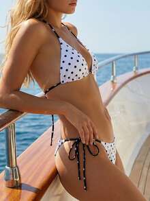 Women Brazilian Bikini Set Halter String Triangle Tie Side Cheeky Thong Y2k Dot Print 2 Piece Swimsuit Bathing Suit Summer Beachwear - White - View 5