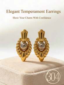 14K Gold Plated Stainless Steel Vintage Pearl Earrings, Suitable For Young Women, Fashionable Minimalist Gray Pearl Earrings, Thick Round Women's Earrings, Asymmetrical Hollow Geometric Earrings, Wedding Jewelry, Suitable For Casual Daily Wear - Gold - View 4