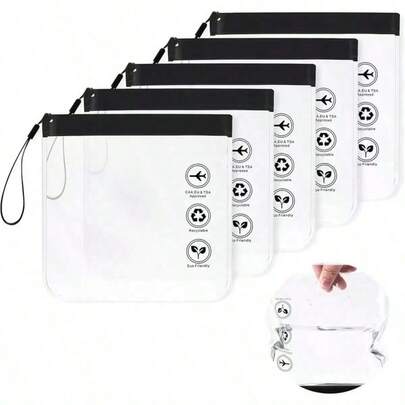 1/2/5pcs Airplane Liquid Zipper Bags, 20 X 20cm, 1L, TSA Approved, Carry-On Travel, Waterproof, With Handle, Transparent Black