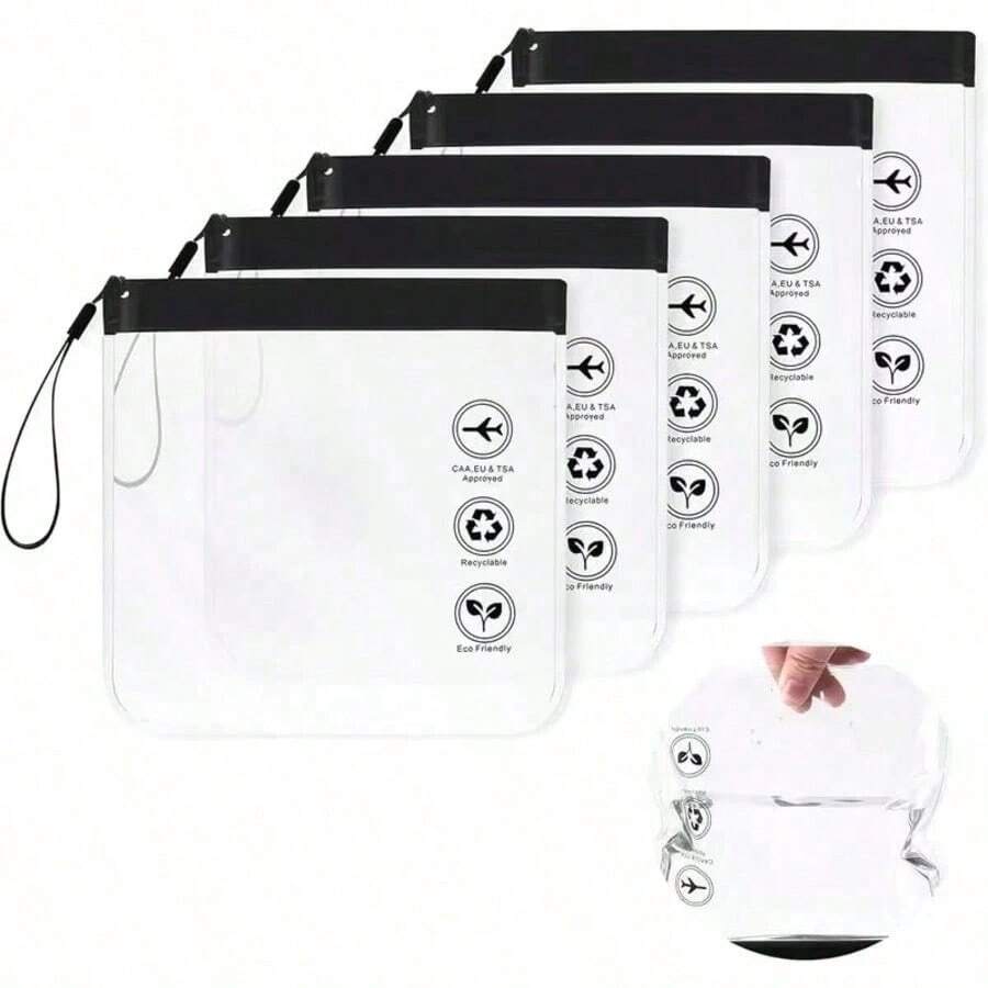 1/2/5pcs Airplane Liquid Zipper Bags, 20 X 20cm, 1L, TSA Approved, Carry-On Travel, Waterproof, With Handle, Transparent Black - Multicolor - View 1