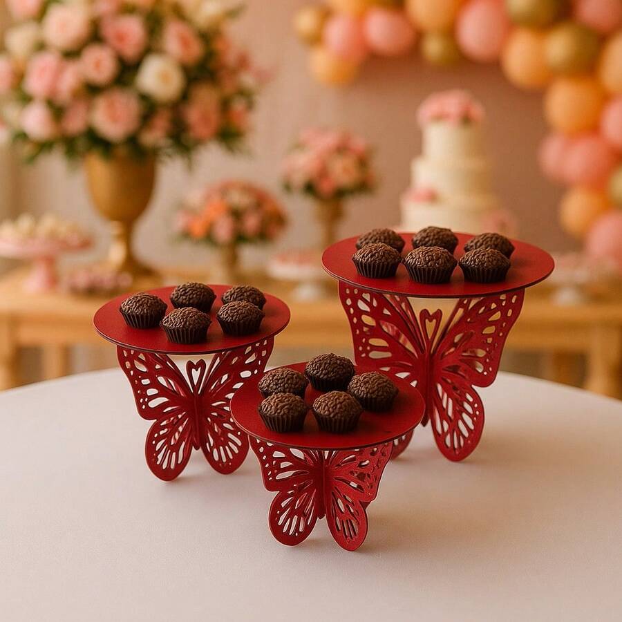 Butterfly Cake Stand Trio In MDF, Enchanted Garden - 紅色的 - 查看 1