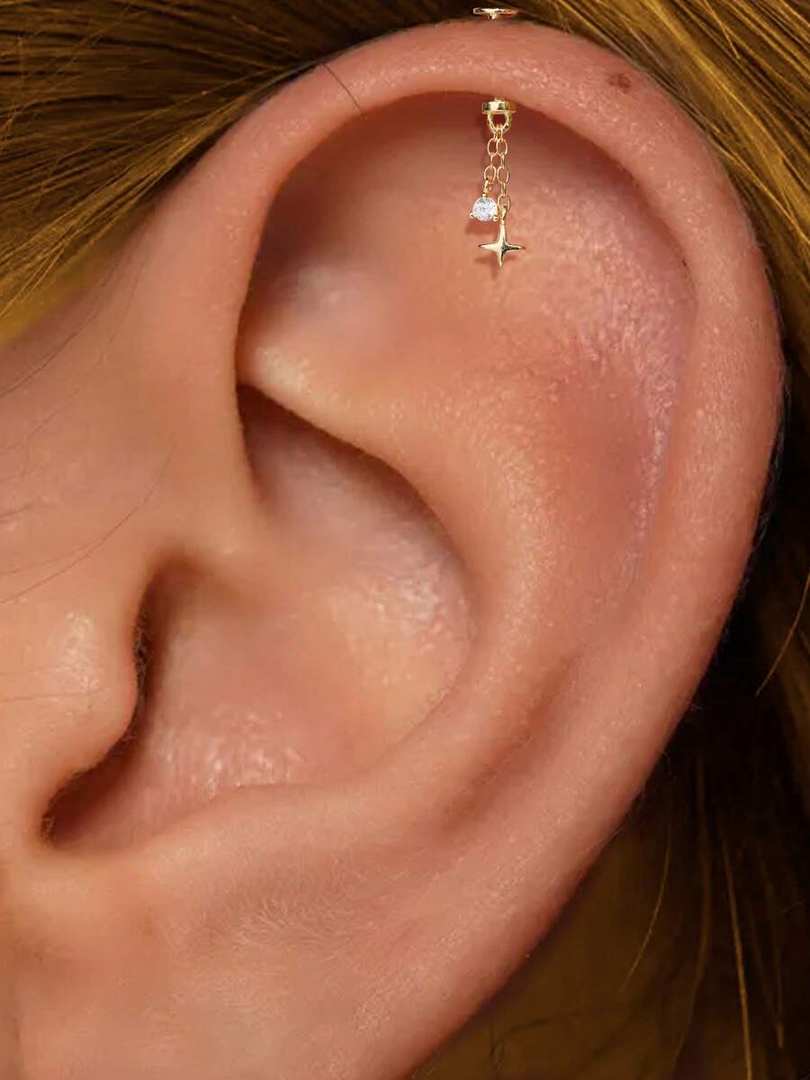 EleRunis 1 chiếc khuyên tai hình ngôi sao bốn cánh bằng bạc Sterling 925, mặt phẳng, thích hợp đeo hàng ngày, dự tiệc cưới, lễ đính hôn, kỷ niệm, ngày Valentine. - Vàng - Xem 1
