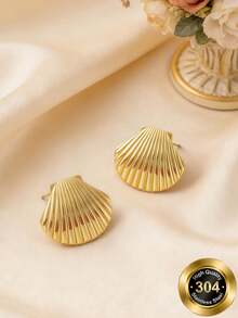 女士时尚厚金耳环，14K不锈钢镀金贝壳耳环，轻盈低致敏耳环，创意几何不规则纹理耳环，夏季时尚饰品，适合日常佩戴、海滩度假、派对等场合。 - 金色 - 查看 3