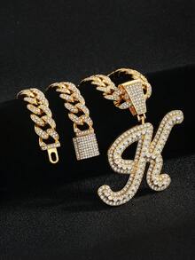 嘻哈风镶钻链，配定制草书字母吊坠，镀金项链，个性化首字母首饰 - 嘻哈字母項鍊 - 查看 35