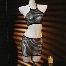 1套女士性感黑色内衣套装，蝴蝶结网纱吊带连衣裙比基尼罩衫 - 黑色 - 查看 5