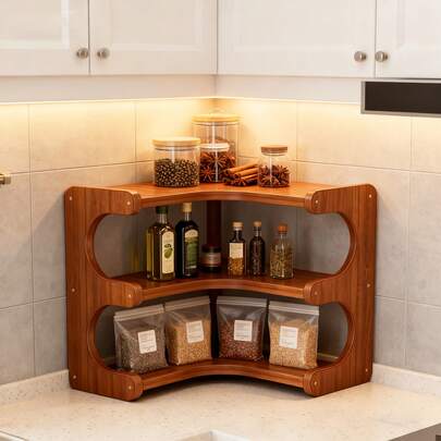 2/3-Tier Wooden Corner Shelf, Multi-Layer Kitchen Spice Organizer, Desktop Cosmetic Storage Rack, Living Room Corner Decorative Shelf, Multi-Functional Tiered Storage Shelf