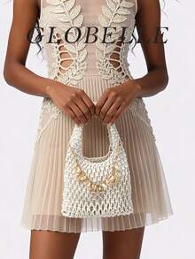 GLOBELLE 波西米亚风沙滩包 - 手工编织网状手提包，饰有金色贝壳海星吊坠，适合夏季、泳池边和海滨度假的针织钱包 - 白色 - 查看 3