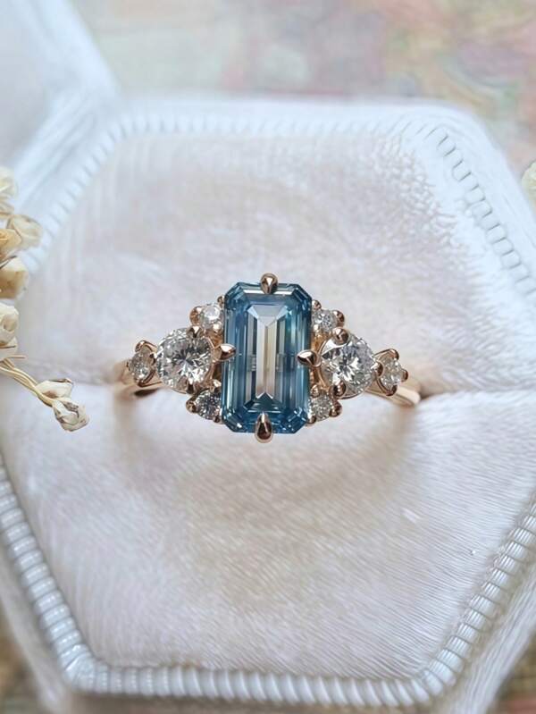 خاتم زفاف أنيق للنساء، تصميم مربع أزرق من الزركونيا المكعبة الاصطناعية مع تصميم من الزركونيا المكعبة البيضاء، مناسب لحفل الزفاف والهدايا السنوية للنساء