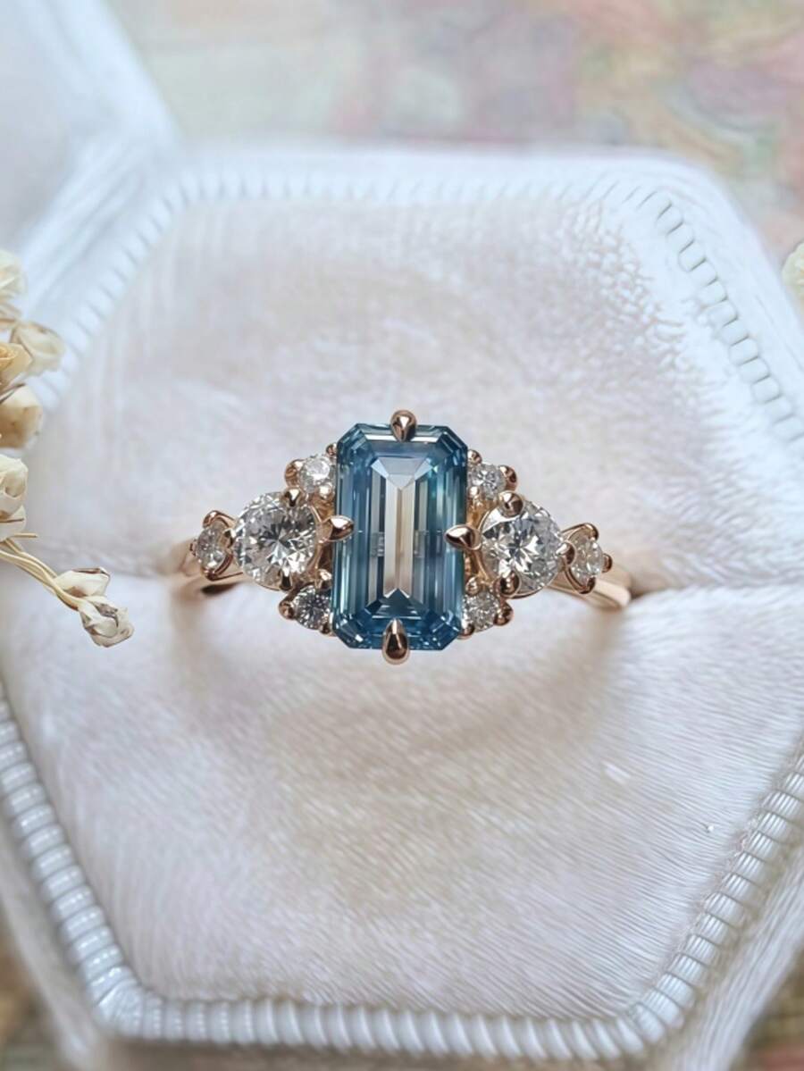 1 chiếc nhẫn cưới thiết kế thanh lịch dành cho nữ, hình vuông màu xanh lam đính đá Cubic Zirconia tổng hợp và đá Cubic Zirconia trắng, thích hợp làm quà tặng kỷ niệm hoặc quà cưới cho nữ. - Màu xanh nhạt - Xem 1