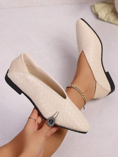 女士复古鱼鳞编织休闲舒适简约尖头平底鞋，春夏款