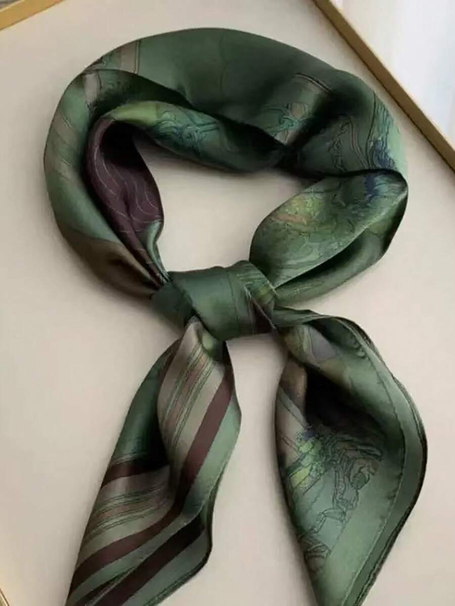 Metal Horseshoe Chain Faux Silk 70cm Square Scarf, Lightweight Neck Scarf, Suitable For Spring, Summer, Autumn Accessories - Green - View 1
