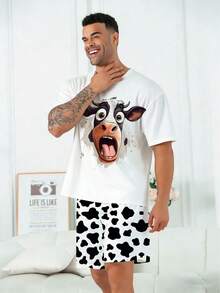 Plus Size Men's Pajama Set | Round Neck Short Sleeve Top And Elastic Waist Casual Shorts 2 Piece Set | Polyester Knit Fabric Soft And Breathable Loose Fit | Cute Cow Print Pattern Casual Design - Black and White - View 4