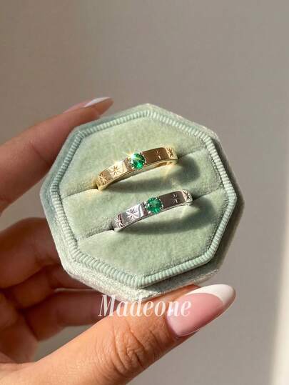 Stylever 1枚925纯银向日葵戒指，镶嵌绿色锆石，女士珠宝，迷人承诺戒指，精致珠宝戒指，日常佩戴装饰礼物，送给女孩