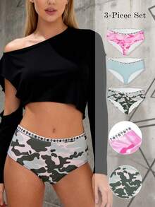 3件套女士迷彩、骷髅、星星印花舒适三角裤套装 - 彩色 - 查看 1