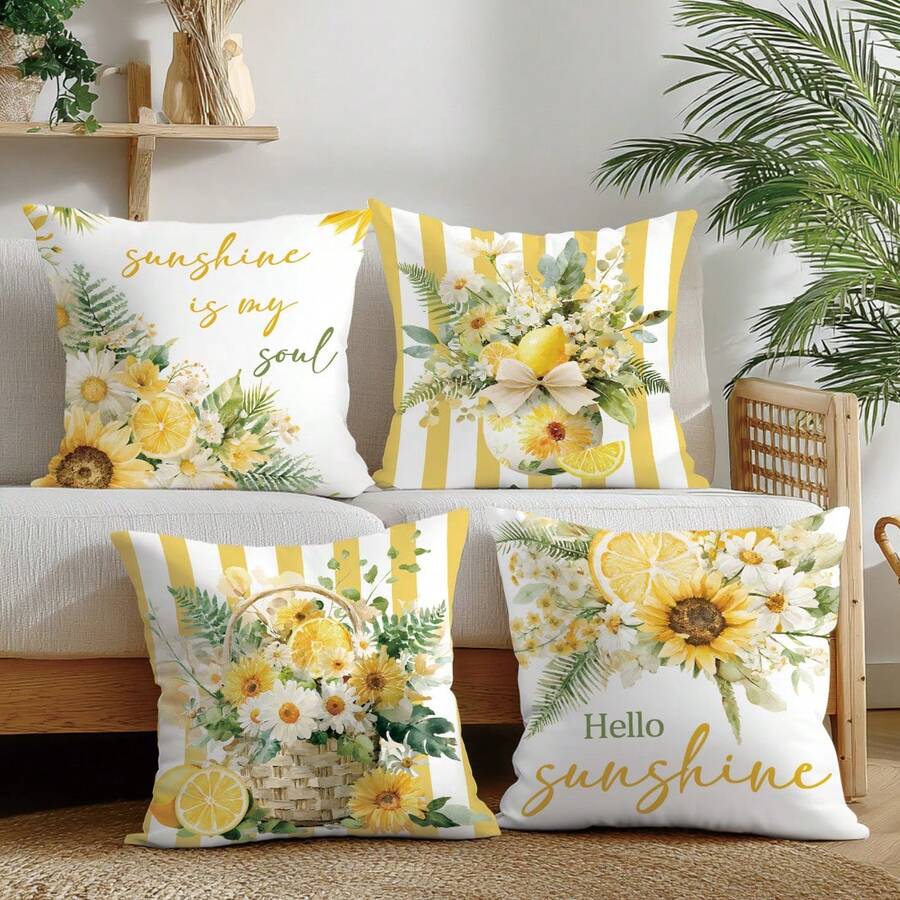 4 piezas Fundas de cojín decorativas minimalistas de verano con margaritas y limones, impresas por un solo lado en terciopelo melocotón de poliéster, 45*45/50*50/40*40CM para sofá moderno, decoración interior, decoración de fiesta, regalo - Multicolor - Ver 1