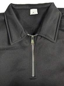GLESTORE 男士复古硬币图案卫衣，经典抓绒内衬纯色涤纶面料，中等厚度半拉链立领长袖，适合春、秋、冬季穿着，通勤休闲皆宜，简约百搭风格 - 黑色 - 查看 6