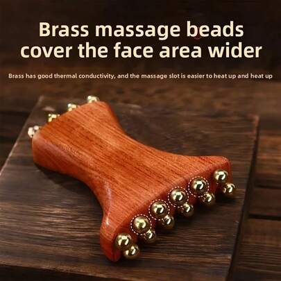 1个镀金铜木柄颈部按摩器 - 符合人体工学的面部和颈部深层组织按摩器，低过敏性设计，耐用的金属和木质结构，非常适合日常使用和送礼。