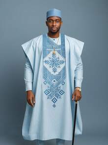 Bộ 3 món Agbada màu xanh dương dành cho nam giới, áo choàng thêu tinh tế, áo sơ mi Dashiki và quần cạp chun, bộ vest nam, trang phục truyền thống châu Phi phù hợp cho các nghi lễ, đám cưới, lễ hội văn hóa và các sự kiện, thời trang nam châu Phi, phong cách hoàng gia thanh lịch. - Màu xanh nhạt - Xem 2