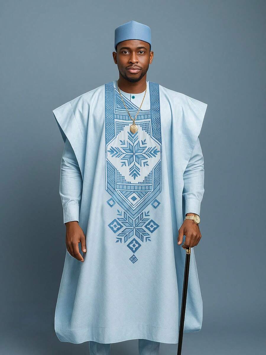 Bộ 3 món Agbada màu xanh dương dành cho nam giới, áo choàng thêu tinh tế, áo sơ mi Dashiki và quần cạp chun, bộ vest nam, trang phục truyền thống châu Phi phù hợp cho các nghi lễ, đám cưới, lễ hội văn hóa và các sự kiện, thời trang nam châu Phi, phong cách hoàng gia thanh lịch.