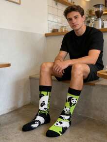 1 Pair Men's Black & Green Panda & Bamboo Pattern Mid-Calf Socks, & Versatile For All Seasons - Multicolor - View 4