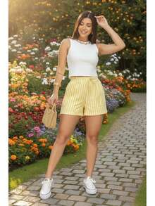 LINEN STRIPED SHORTS - Gelb - Übersicht 4