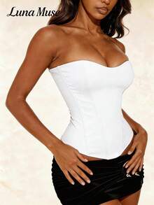 Luna Muse 女士春夏新款时尚拉链前开式束身胸衣上衣，黑色紧身连体衣，秋季黑色复古鱼骨塑身露脐上衣，优雅修身高端，适合日常、休闲、派对、约会、街头、演出、户外、返校、朋克风、感恩节、音乐节、新年等场合。 - 白色 - 查看 1