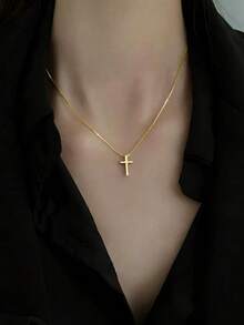 1件简约光滑十字架吊坠项链，适合女性日常佩戴、婚礼、母亲节、生日礼物、斋月活动等场合。 - 金黃色 - 查看 1