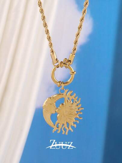 1pc Fashion Punk 18K Gold Plated Stainless Steel Moon And Sun Pendant Necklace Jewelry Gifts