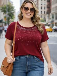 Plus Size Short Batwing Sleeve Blouse With Round Neck And Rhinestones - Casual Chic - Comfortable Knit Fabric - Urban Everyday Look - 酒紅色 - 查看 1