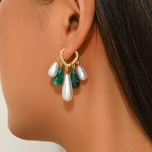 Asymmetrical Acrylic Hoop Earrings, Bohemian Style Green & White Contrast Pearl Pendant Teardrop Earrings - Green - View 4