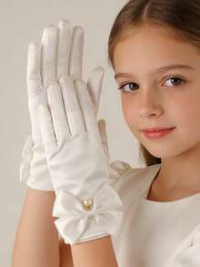 Satin Bridal Gloves With Bow Decor, Elastic Short Mittens Style, Simple Solid White Color, Princess Vibe - Multicolor - View 3