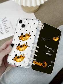 1pc Cute Dachshund Printed Flip Book Style Screen Protector Phone Case, Black Polka Dot TPU Thick Shockproof Protective Cover (With Black Dachshund Pattern Inner Pages), "Everything Is Lucky!!" Slogan Design Phone Case, Compatible With IPhone & Galaxy Smartphones - Multicolor - View 4