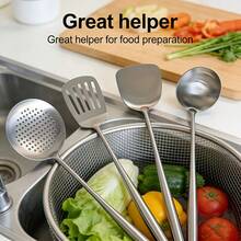 4-Pc Stainless Steel Kitchen Utensil Set – Dishwasher-, Hangable & Space-Saving With Extra-Long Handles – For Home Chefs, Camping & Baking (Turner, Ladle, Skimmer, Slotted Spoon) - Silver - View 6