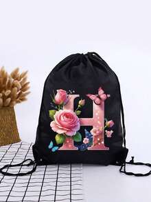 1pc Summer New Floral & Letter Outdoor Sports Bag, Football Backpack, Basketball Backpack, Boys & Girls Sports Bag, Hiking Backpack, Large Capacity Lightweight Drawstring Bag - Black - View 12