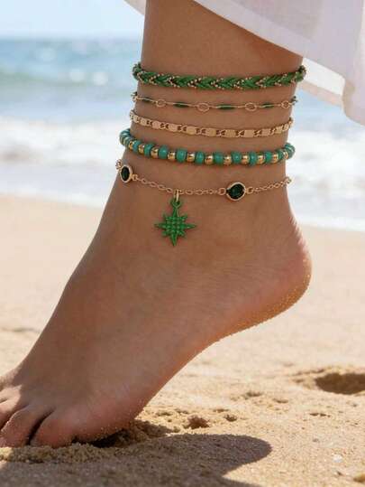 imoli Set de 5 piezas de tobillera hecha a mano con cuerda, cuentas de vidrio, cadena de metal y estrella de mar, joyería de moda como regalo para mujeres en vacaciones de playa