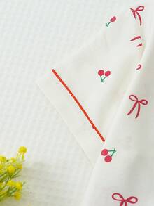 两件套女士睡衣套装，樱花蝴蝶结印花翻领纽扣上衣和蝴蝶结短裤，家居服和休闲服 - 杏色 - 查看 4