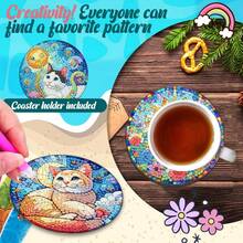 6pcs DIY Diamond Painting Coaster Set With Stand - Cat Theme, Round And Asymmetrical Shape Diamonds, Wooden Craft Kit, Suitable For Adults And Beginners - View 3