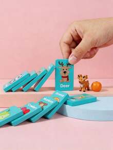 Wooden Domino Tiles Toy, Fruit & Animal Cognitive Logical Thinking Building Blocks, School Supplies, Student Stationery, Learning Materials - Royal Blue - View 5