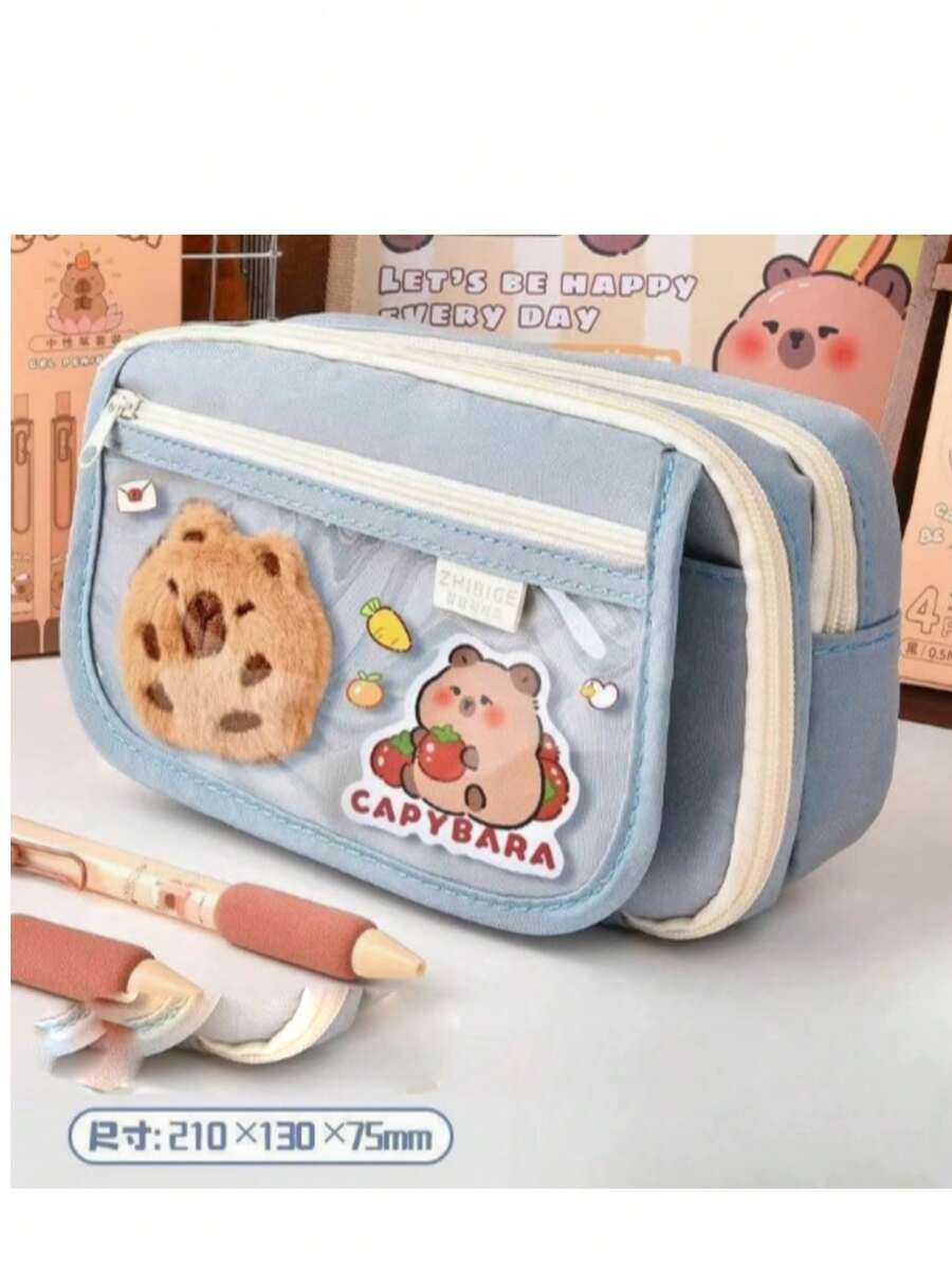 Capybara Stationery Case - Super Popular New Female-Style High-Aesthetic Stationery Case, Girl Style, For Elementary And Middle School Students. The Pen Case Does Not Include Cartoon Graphics. - 1pc Blue - View 1