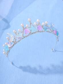 1件优雅水晶公主皇冠，海星贝壳美人鱼尾巴发箍，表演/生日礼物头饰 - 銀色 - 查看 2