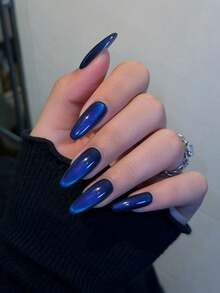 猫眼形按压美甲片，杏仁形，深蓝色闪光假指甲，中号，闪亮美甲按压片，亮面亚克力美甲，可爱闪亮黑色胶水美甲，适合女性小手，24片装 - 彩色 - 查看 2