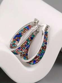 Luxury Inlaid Colored Cubic Zirconia Hoop Earrings For Women Exquisite Fashion Silver Color Party Engagement-Silver Plated Oval Shape Hoop Earrings For Women,Statement Jewelry 1.2 Inch - 彩色 - 查看 9