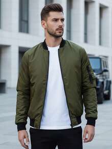 男士拉鍊飛行員夾克、男士袖口和下擺飛行員夾克、男士側袋和帶拉鍊袖袋飛行員夾克、男士短款無帽飛行員夾克 - 綠色 - 查看 1