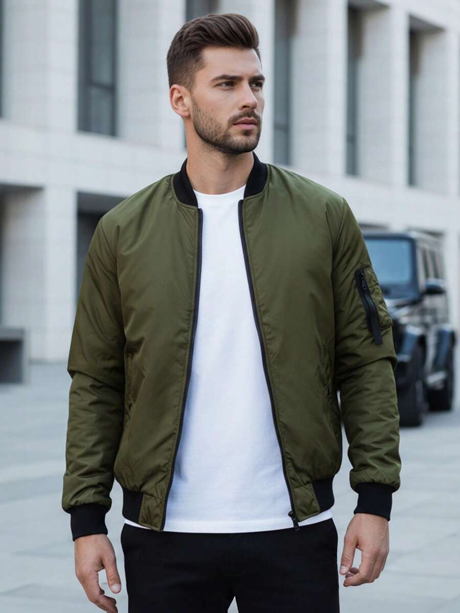 男士拉鍊飛行員夾克、男士袖口和下擺飛行員夾克、男士側袋和帶拉鍊袖袋飛行員夾克、男士短款無帽飛行員夾克 - 綠色 - 查看 1